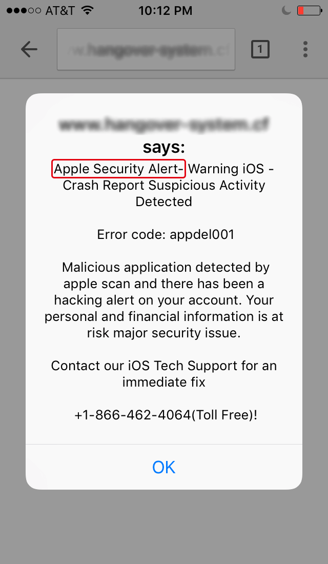 Apple Security Alert scam on iOS device