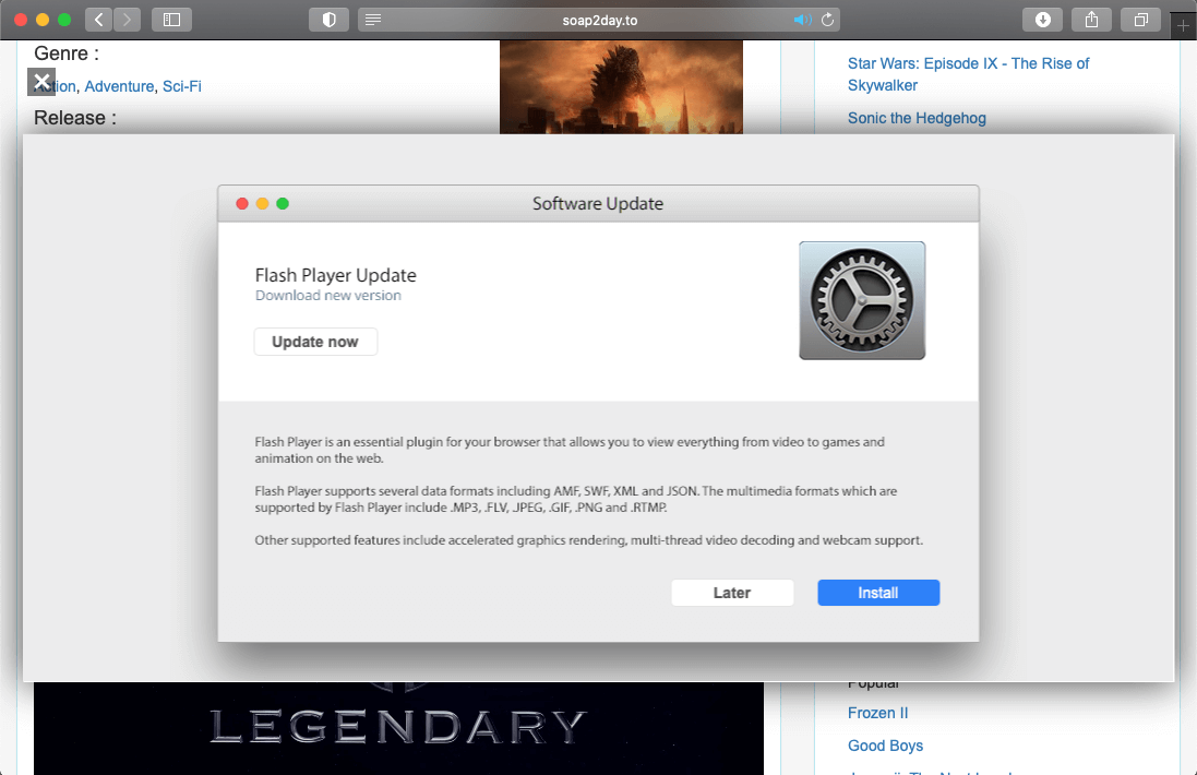 Fake Flash Player update pop-up in Safari