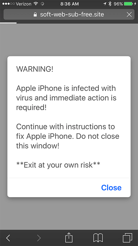Safari 바이러스 경고는 iPhone에서 의사 감염을보고합니다