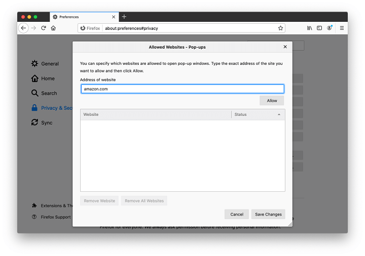 Allow popups for a specific site in Firefox Allow popups for a specific site in Firefox