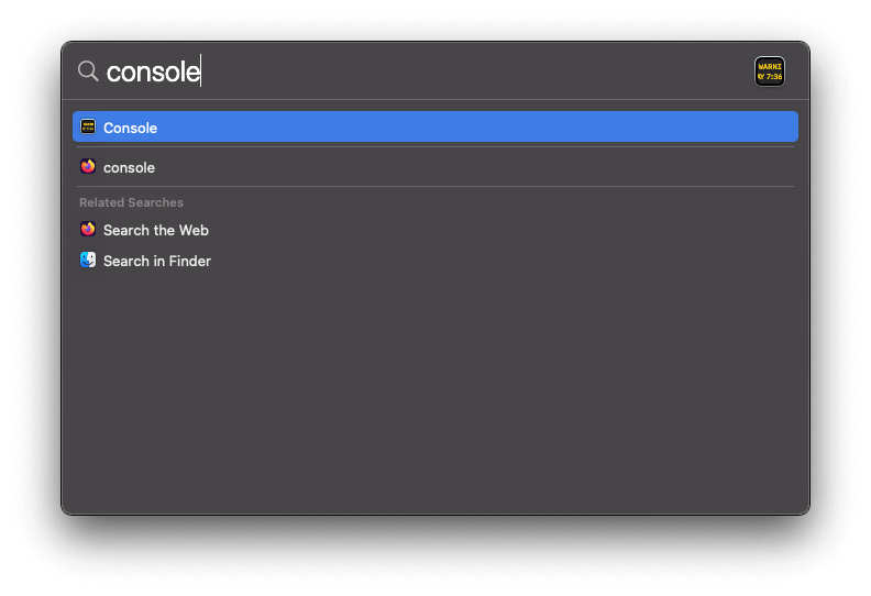 Open Console app through Spotlight search