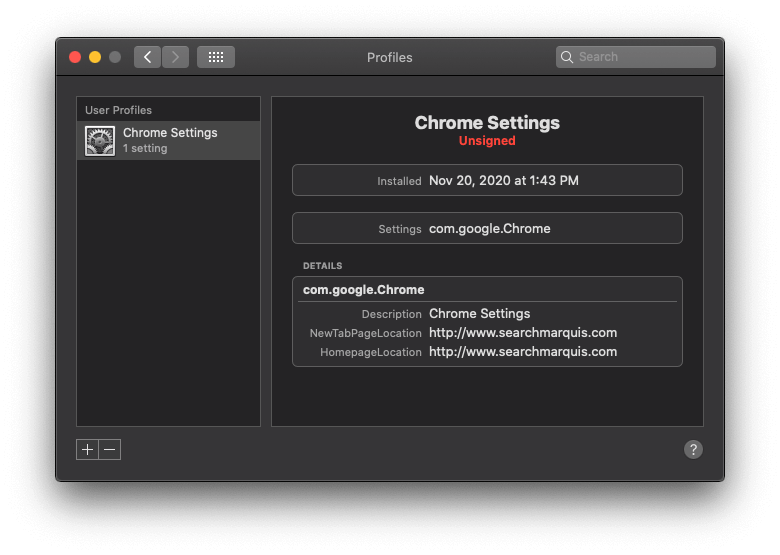 Malicious configuration profile created by Chrome redirect virus Mac