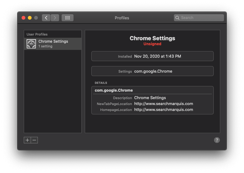 Malicious configuration profile created by Chrome redirect virus Mac Malicious configuration profile created by Chrome redirect virus Mac