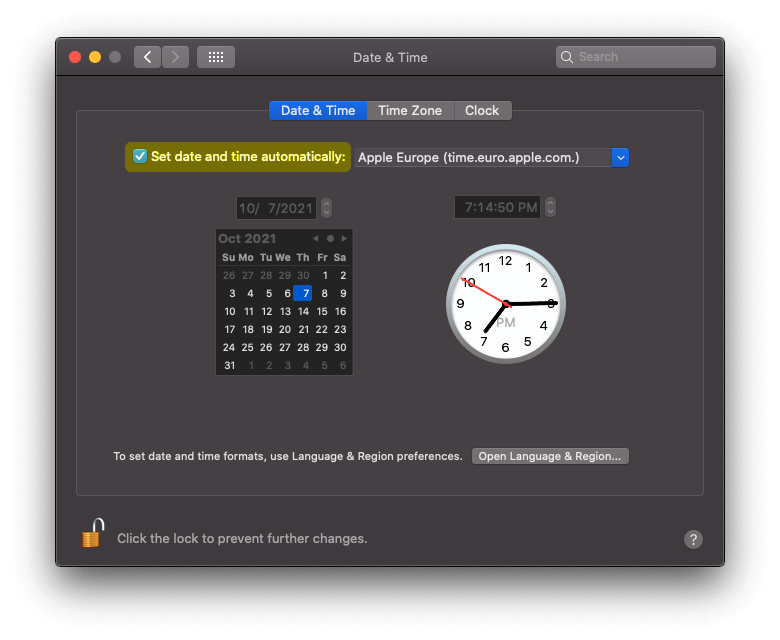 Set correct date and time on Mac