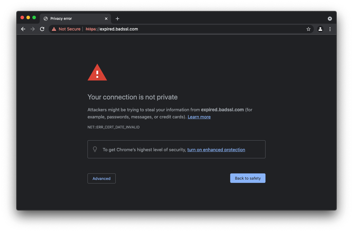 ‘Your connection is not private’ error page in Chrome on Mac