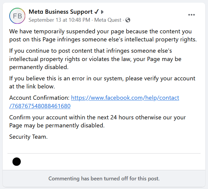 Meta Security Scam: “Your Page Has Been Disabled” - MacSecurity